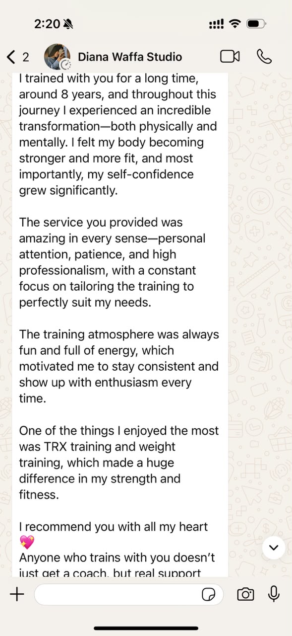 WhatsApp message from Diana describing eight years of training and personal support