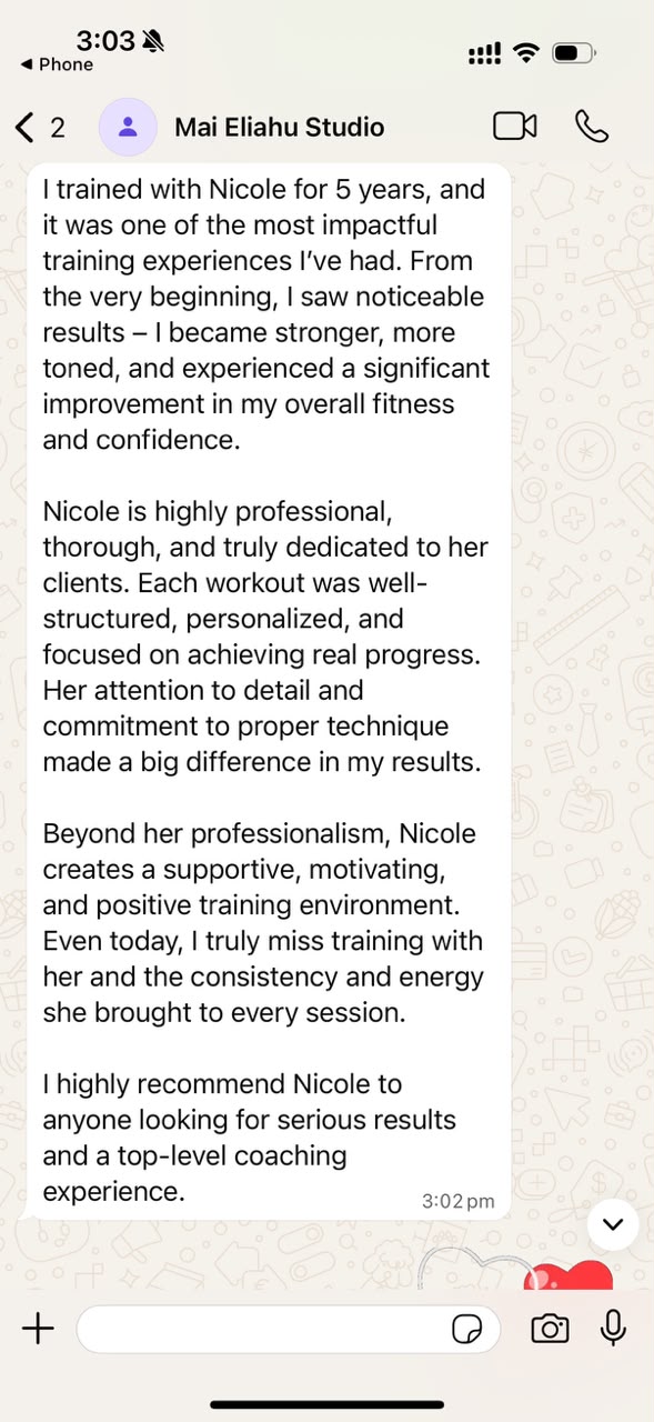 WhatsApp message from Mai recommending Nikole after five years of training