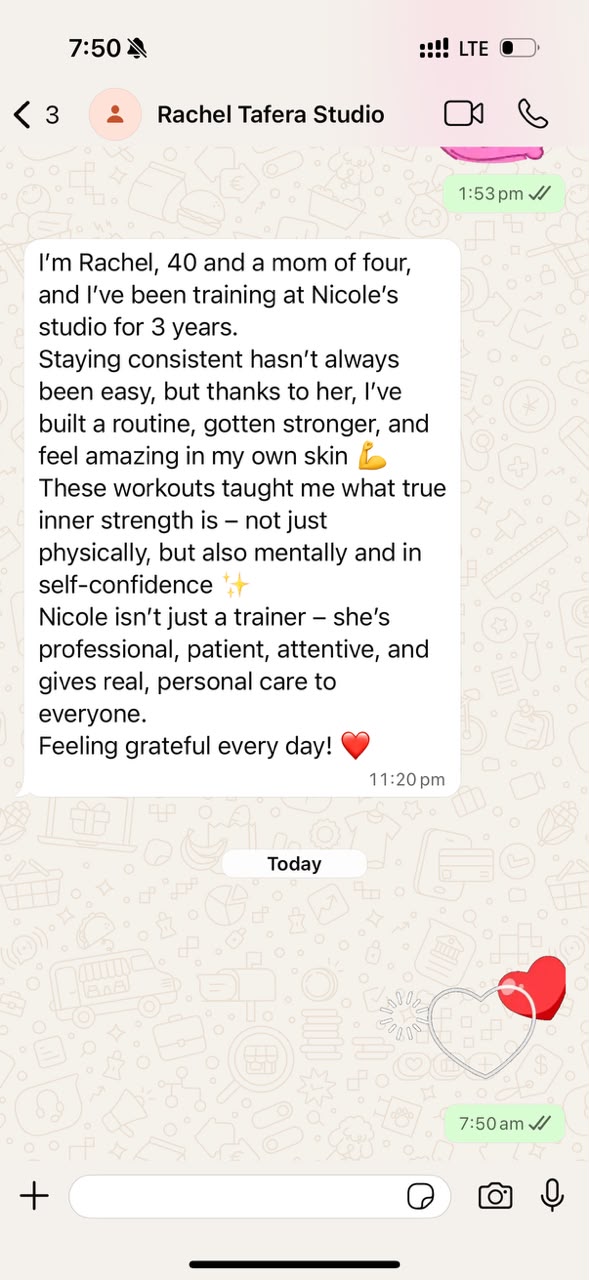 WhatsApp message from Rachel describing three years of training with Nikole