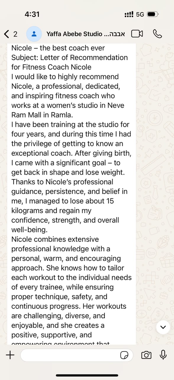 WhatsApp recommendation from Yaffa about Nikole's professional and encouraging coaching